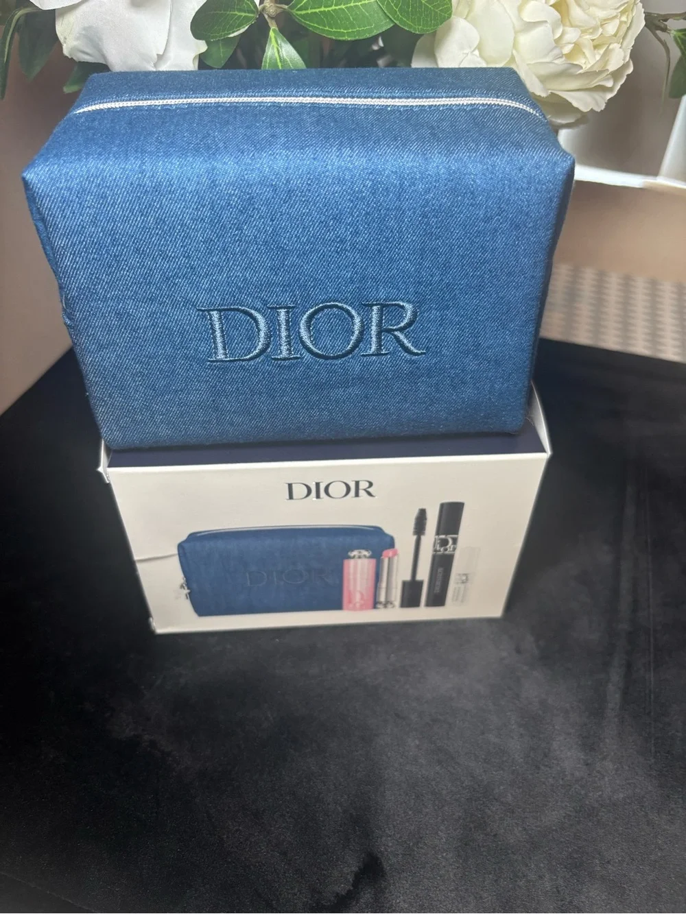 Dior Blue Denim Embroidered Cosmetic Pouch with Makeup Set Limited Edition